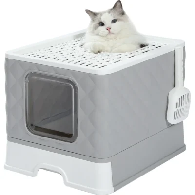 Enclosed Cat Litter Box Large with Lid Drawer Type Easy to Clean,Gray