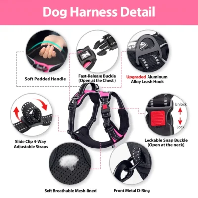 No Choke Reflective Dog Vest,Adjustable Soft Padded Pet Harness, Pink, M